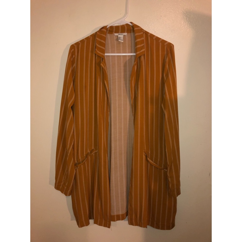 Striped White and Mustard Open Front Cardigan